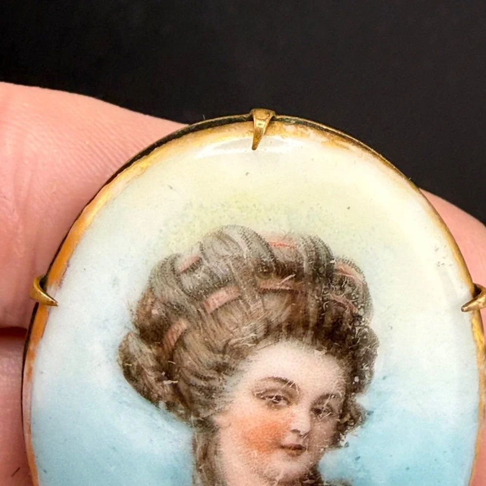 Vintage Victorian Painted Porcelain Brooch Woman